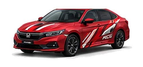 Honda Accord in Rallye Red with custom vinyl graphics, front three-quarter view.