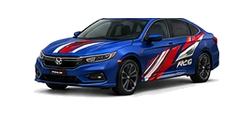 Honda Accord in Racing Blue Pearl with custom vinyl graphics, front three-quarter view.