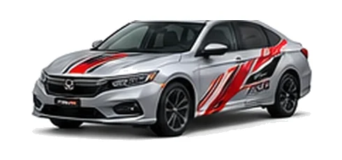 Honda Accord in Lunar Silver Metallic with custom vinyl graphics, front three-quarter view.