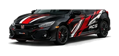 Honda Civic in Crystal Black Pearl with custom vinyl graphics, front three-quarter view.