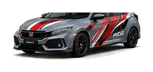 Honda Civic in Sonic Grey Pearl with custom vinyl graphics, front three-quarter view.