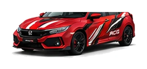 Honda Civic in Rallye Red with custom vinyl graphics, front three-quarter view.