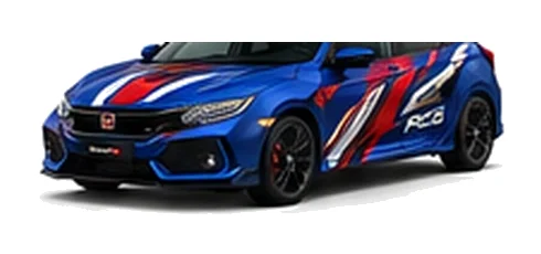 Honda Civic in Racing Blue Pearl with custom vinyl graphics, front three-quarter view.