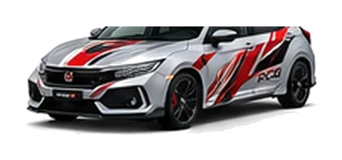 Honda Civic in Lunar Silver Metallic with custom vinyl graphics, front three-quarter view.