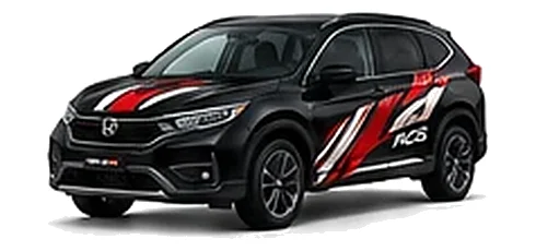 Honda CR-V in Crystal Black Pearl with custom vinyl graphics, front three-quarter view.