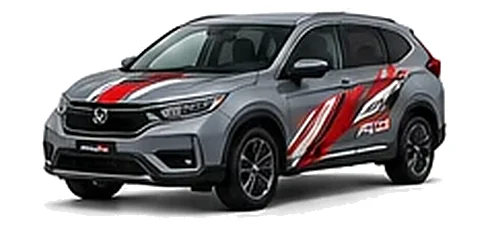 Honda CR-V in Sonic Grey Pearl with custom vinyl graphics, front three-quarter view.