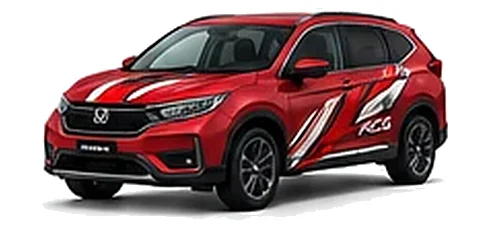 Honda CR-V in Rallye Red with custom vinyl graphics, front three-quarter view.