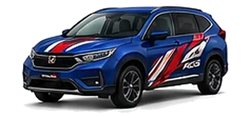 Honda CR-V in Racing Blue Pearl with custom vinyl graphics, front three-quarter view.