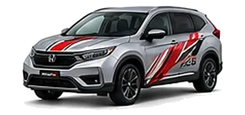 Honda CR-V in Lunar Silver Metallic with custom vinyl graphics, front three-quarter view.