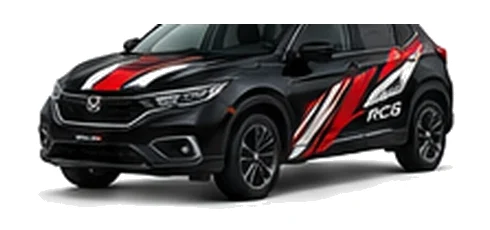 Honda HR-V in Crystal Black Pearl with custom vinyl graphics, front three-quarter view.