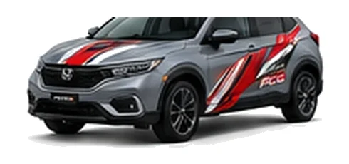 Honda HR-V in Sonic Grey Pearl with custom vinyl graphics, front three-quarter view.