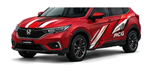 Honda HR-V in Rallye Red with custom vinyl graphics, front three-quarter view.