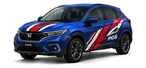 Honda HR-V in Racing Blue Pearl with custom vinyl graphics, front three-quarter view.