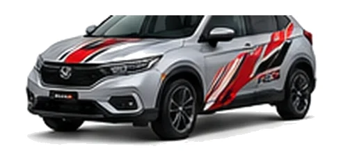Honda HR-V in Lunar Silver Metallic with custom vinyl graphics, front three-quarter view.