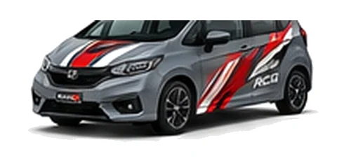 Honda Jazz in Sonic Grey Pearl with custom vinyl graphics, front three-quarter view.