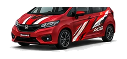 Honda Jazz in Rallye Red with custom vinyl graphics, front three-quarter view.