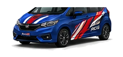 Honda Jazz in Racing Blue Pearl with custom vinyl graphics, front three-quarter view.