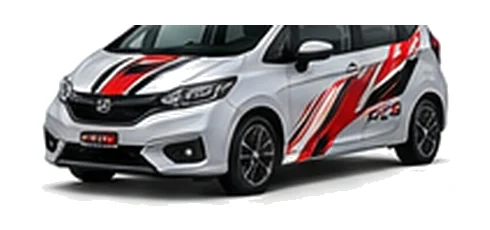 Honda Jazz in Lunar Silver Metallic with custom vinyl graphics, front three-quarter view.