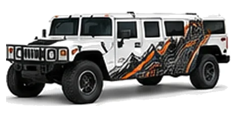 Hummer H1 in White with custom vinyl graphics, front three-quarter view.