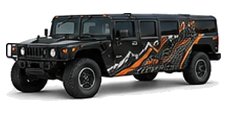 Hummer H1 in Black with custom vinyl graphics, front three-quarter view.