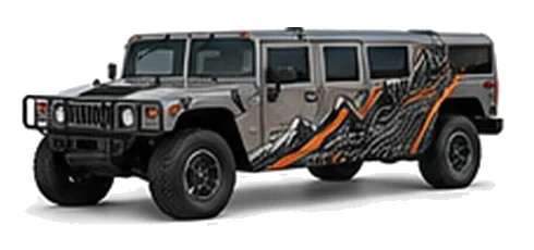 Hummer H1 in Pewter Metallic with custom vinyl graphics, front three-quarter view.