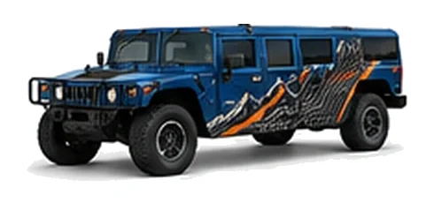 Hummer H1 in Pacific Blue with custom vinyl graphics, front three-quarter view.