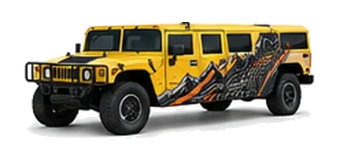 Hummer H1 in Yellow with custom vinyl graphics, front three-quarter view.
