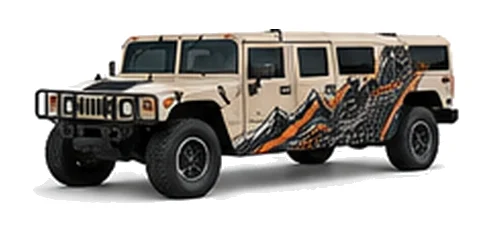 Hummer H1 in Desert Sand with custom vinyl graphics, front three-quarter view.