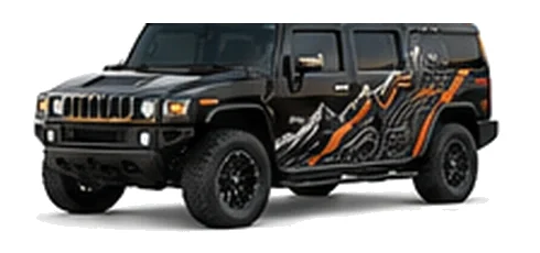 Hummer H2 in Black with custom vinyl graphics, front three-quarter view.