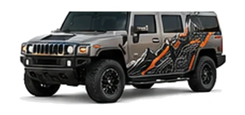 Hummer H2 in Pewter Metallic with custom vinyl graphics, front three-quarter view.