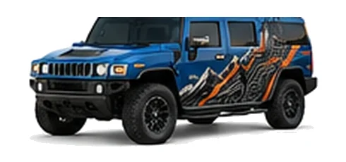 Hummer H2 in Pacific Blue with custom vinyl graphics, front three-quarter view.