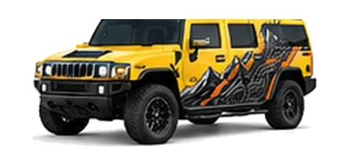 Hummer H2 in Yellow with custom vinyl graphics, front three-quarter view.