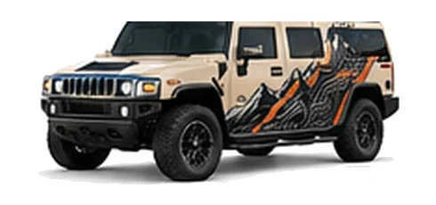 Hummer H2 in Desert Sand with custom vinyl graphics, front three-quarter view.