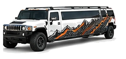 Hummer H2 Limo in White with custom vinyl graphics, front three-quarter view.