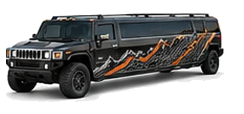 Hummer H2 Limo in Black with custom vinyl graphics, front three-quarter view.