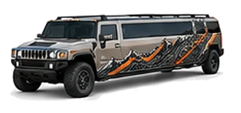 Hummer H2 Limo in Pewter Metallic with custom vinyl graphics, front three-quarter view.