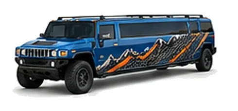 Hummer H2 Limo in Pacific Blue with custom vinyl graphics, front three-quarter view.