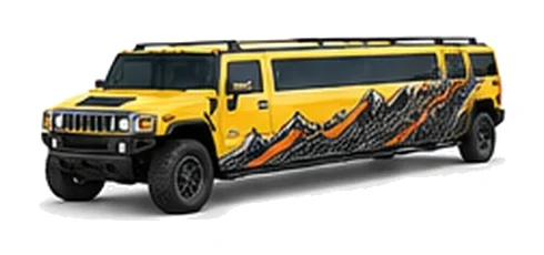 Hummer H2 Limo in Yellow with custom vinyl graphics, front three-quarter view.