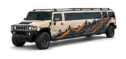 Hummer H2 Limo in Desert Sand with custom vinyl graphics, front three-quarter view.