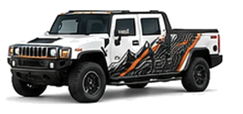 Hummer H2 SUT in White with custom vinyl graphics, front three-quarter view.