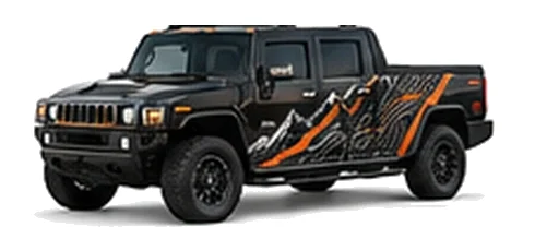 Hummer H2 SUT in Black with custom vinyl graphics, front three-quarter view.
