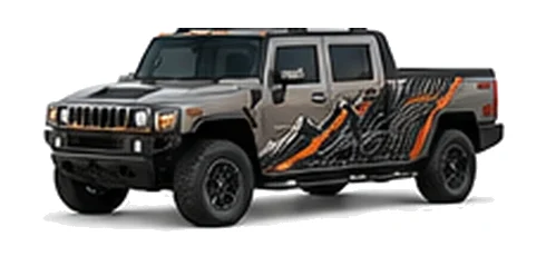 Hummer H2 SUT in Pewter Metallic with custom vinyl graphics, front three-quarter view.