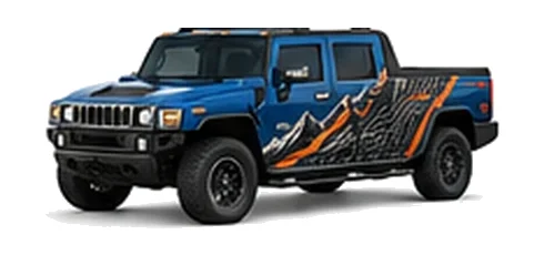 Hummer H2 SUT in Pacific Blue with custom vinyl graphics, front three-quarter view.