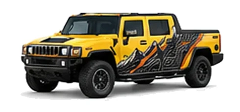 Hummer H2 SUT in Yellow with custom vinyl graphics, front three-quarter view.