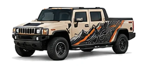 Hummer H2 SUT in Desert Sand with custom vinyl graphics, front three-quarter view.