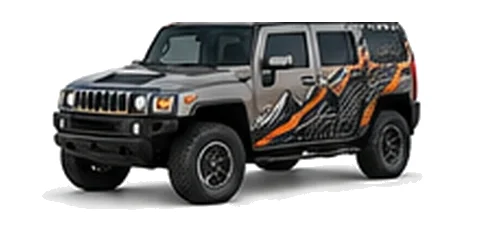Hummer H3 in Pewter Metallic with custom vinyl graphics, front three-quarter view.