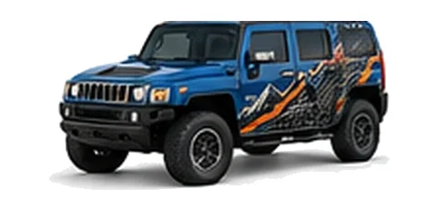 Hummer H3 in Pacific Blue with custom vinyl graphics, front three-quarter view.