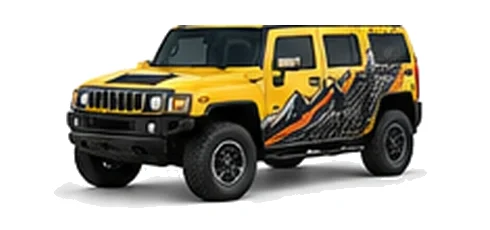 Hummer H3 in Yellow with custom vinyl graphics, front three-quarter view.