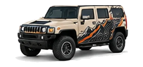 Hummer H3 in Desert Sand with custom vinyl graphics, front three-quarter view.