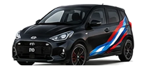 Hyundai i10 in Abyss Black with Hyundai N-inspired vinyl graphics, front three-quarter view on a white background.